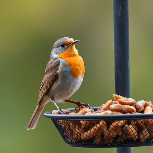 Robin perched beside mesh mealworm feeder