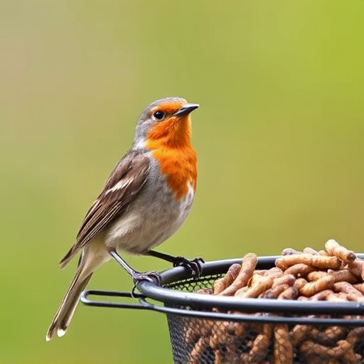 Robin perched beside mesh mealworm feeder