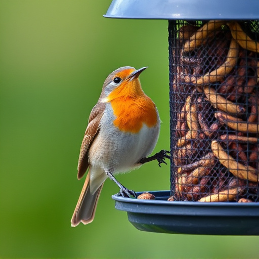 Robin perched beside mesh mealworm feeder