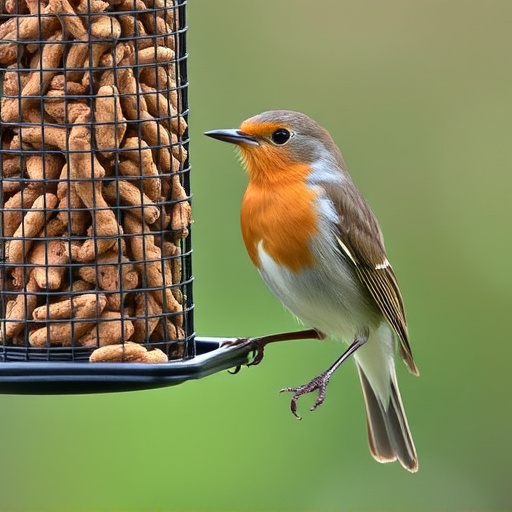 Robin perched beside mesh mealworm feeder