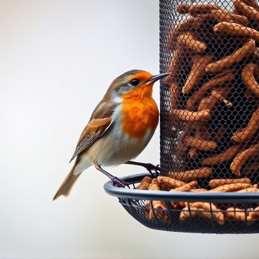 Robin perched beside mesh mealworm feeder