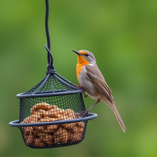 Robin perched beside mesh mealworm feeder