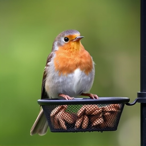 Robin perched beside mesh mealworm feeder