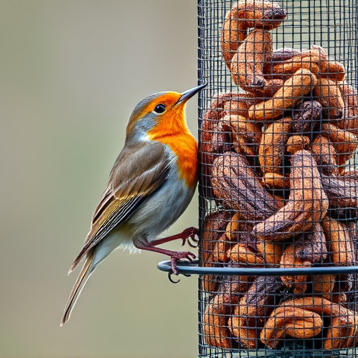Robin perched beside mesh mealworm feeder