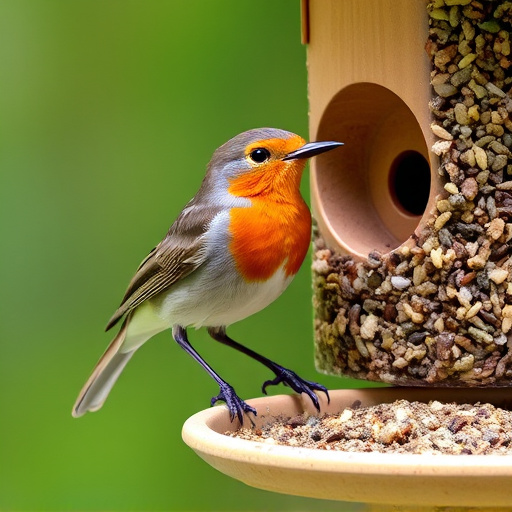 Robin perched beside suet-filled feeder