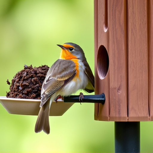Robin perched beside suet-filled feeder
