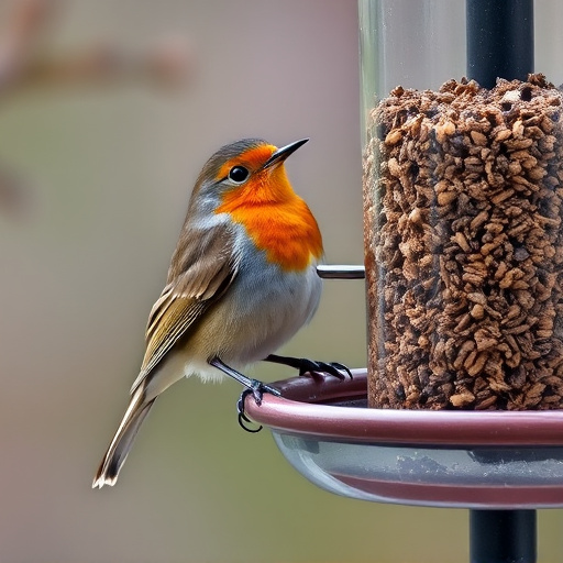 Robin perched beside suet-filled feeder