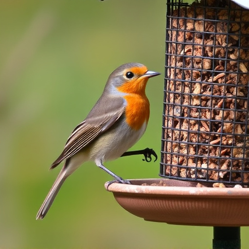 Robin perched beside suet-filled feeder