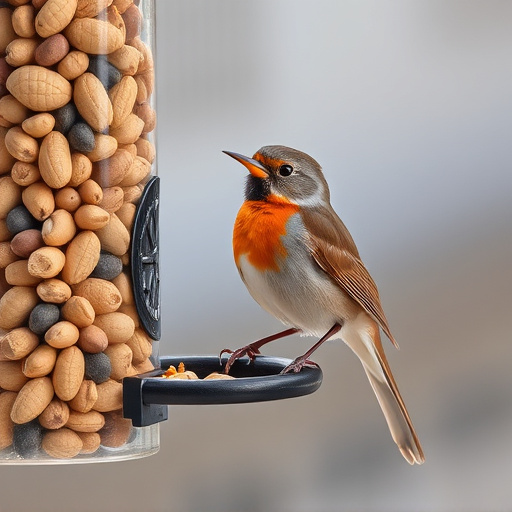 Robin perched near peanut feeder