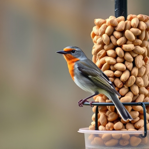 Robin perched near peanut feeder