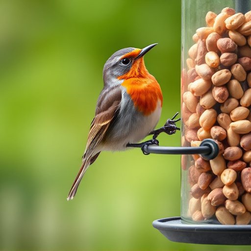 Robin perched near peanut feeder