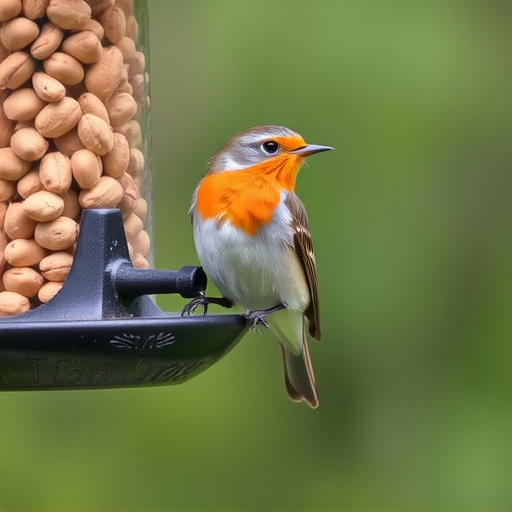 Robin perched near peanut feeder