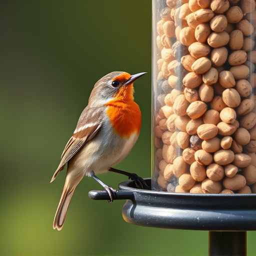 Robin perched near peanut feeder