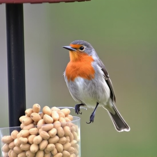 Robin perched near peanut feeder