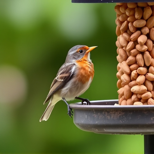 Robin perched near peanut feeder