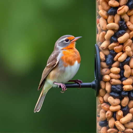 Robin perched near peanut-filled feeder