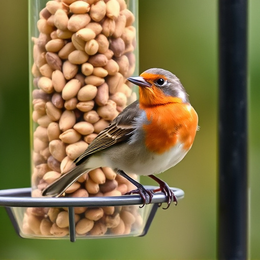 Robin perched near peanut-filled feeder