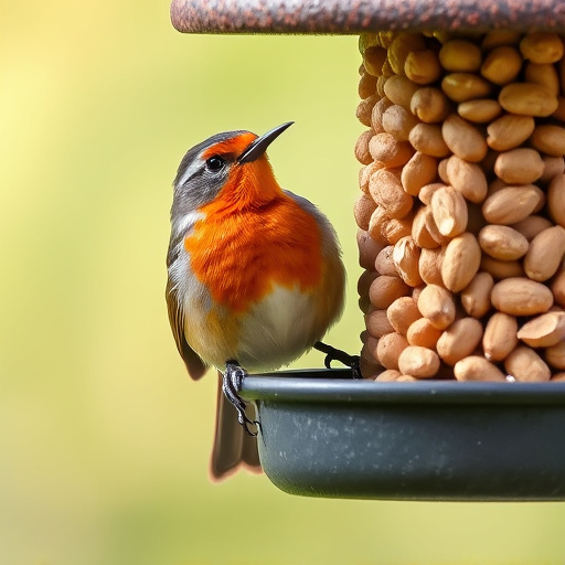 Robin perched near peanut-filled feeder