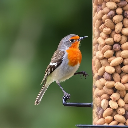 Robin perched near peanut-filled feeder
