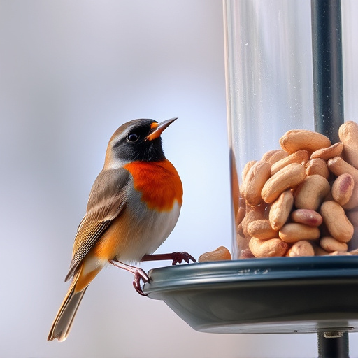 Robin perched near peanut-filled feeder