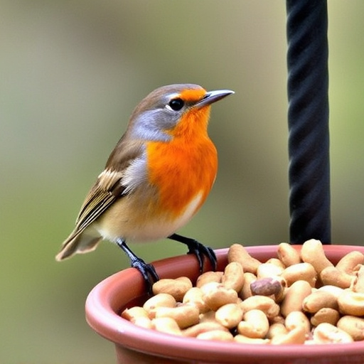 Robin perched near peanut-filled feeder