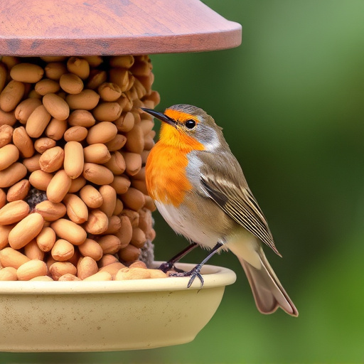 Robin perched near peanut-filled feeder