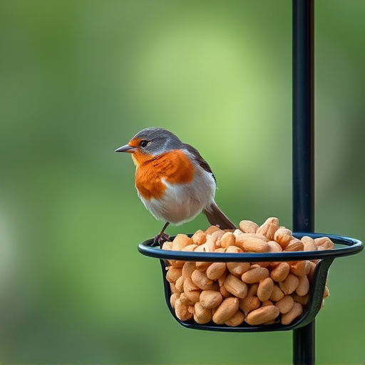 Robin perched near peanut-filled feeder