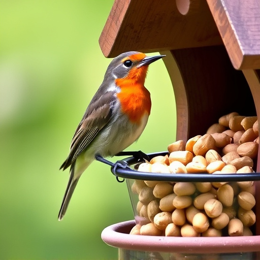 Robin perched near peanut-filled feeder