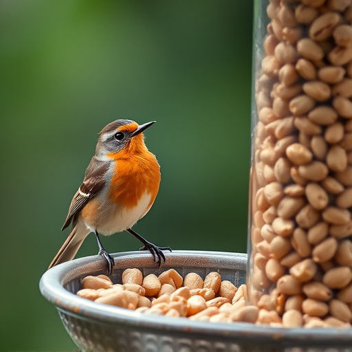 Robin perched near peanut-filled feeder