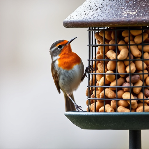 Robin perched near peanut-filled feeder