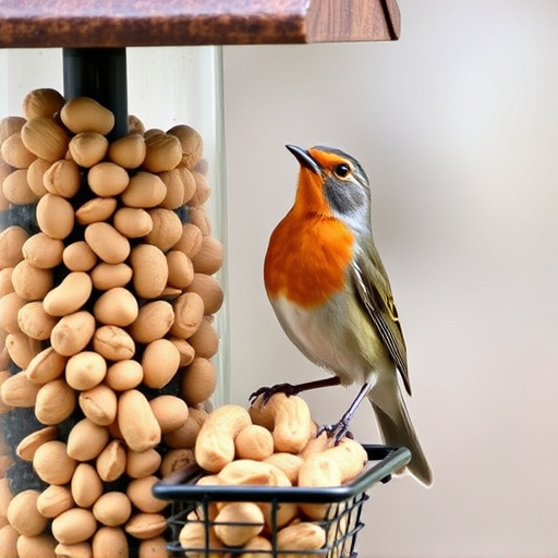 Robin perched near peanut-filled feeder