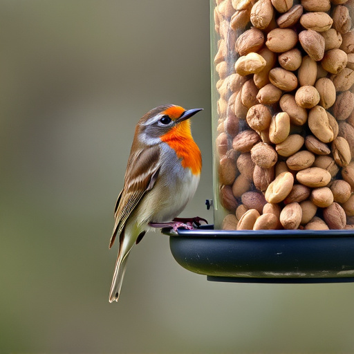 Robin perched near peanut-filled feeder