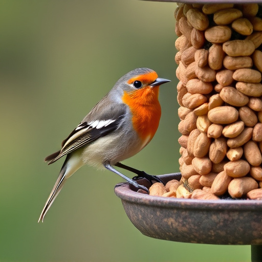 Robin perched near peanut-filled feeder