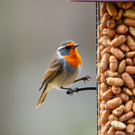 Robin perched near peanut-filled feeder