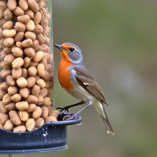 Robin perched near peanut-filled feeder