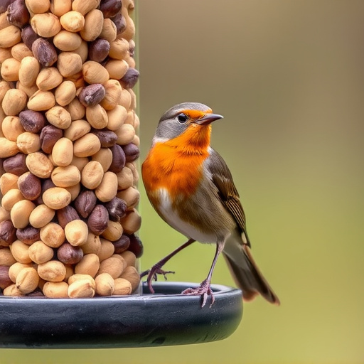 Robin perched near peanut-filled feeder