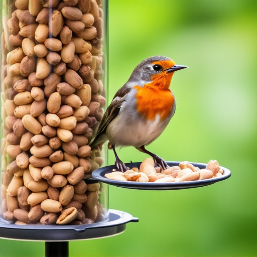 Robin perched near peanut-filled feeder
