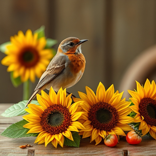 Robin perched near sunflower hearts on table