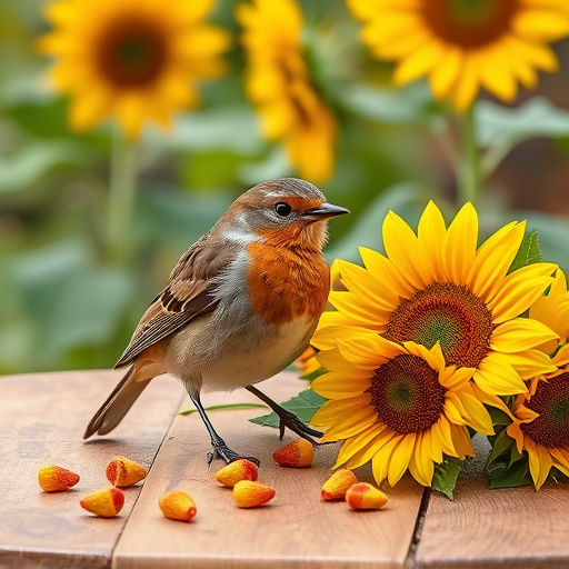 Robin perched near sunflower hearts on table