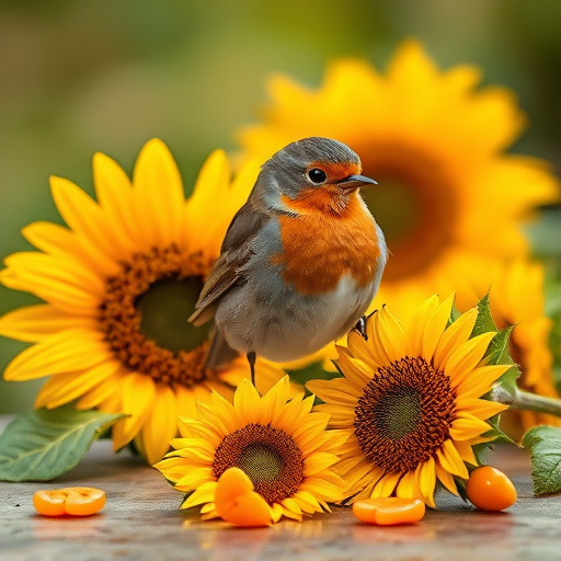 Robin perched near sunflower hearts on table