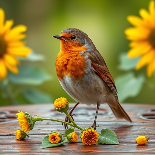 Robin perched near sunflower hearts on table
