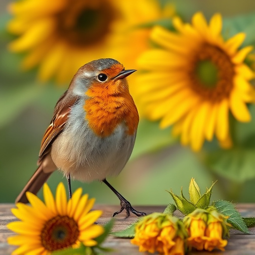Robin perched near sunflower hearts on table