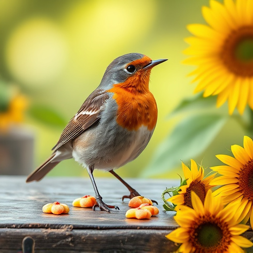 Robin perched near sunflower hearts on table