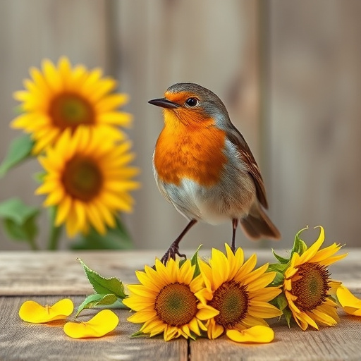 Robin perched near sunflower hearts on table
