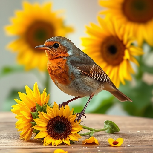 Robin perched near sunflower hearts on table
