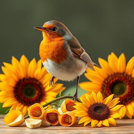 Robin perched near sunflower hearts on table