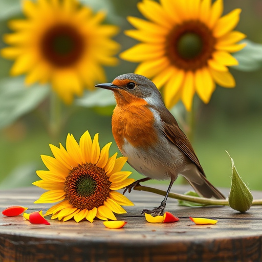 Robin perched near sunflower hearts on table