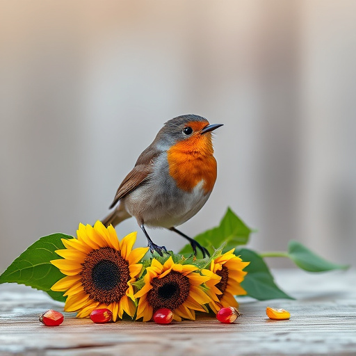 Robin perched near sunflower hearts on table