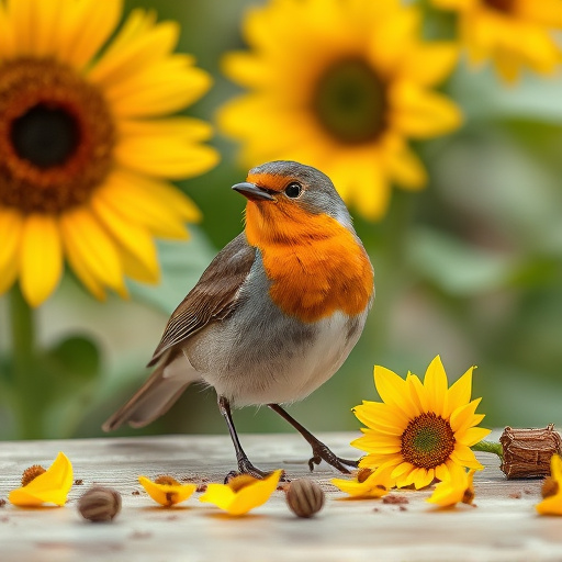 Robin perched near sunflower hearts on table