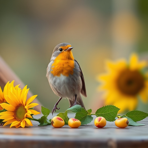 Robin perched near sunflower hearts on table